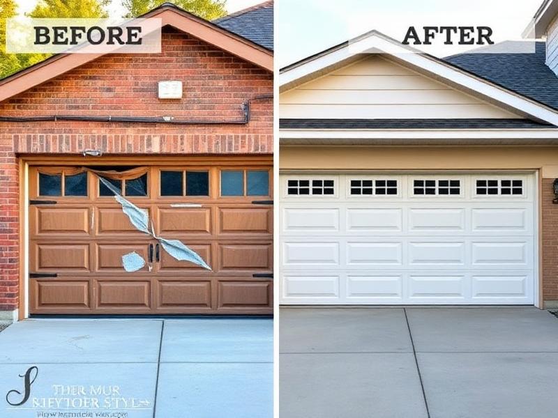 Before and after garage door transformation showing dramatic improvement in curb appeal