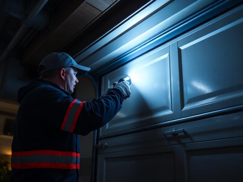 Emergency garage door service technician with flashlight performing night repair