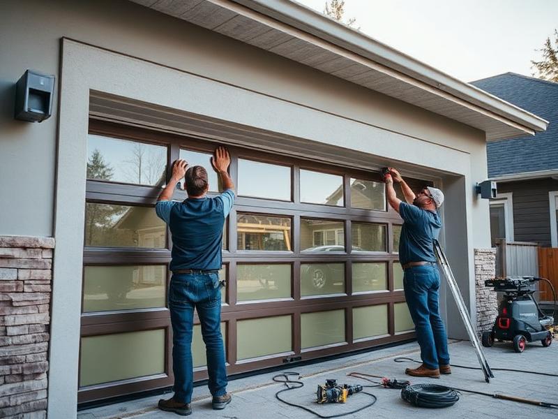 Professional installation team mounting new modern garage door panels