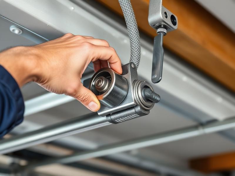 Professional technician installing new steel garage door rollers on track