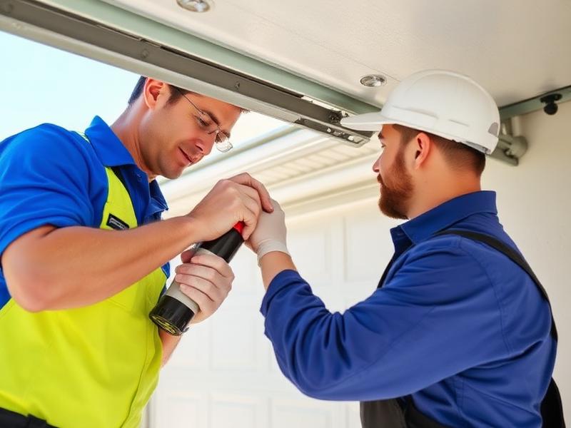 Technicians performing summer maintenance on garage door springs and hinges