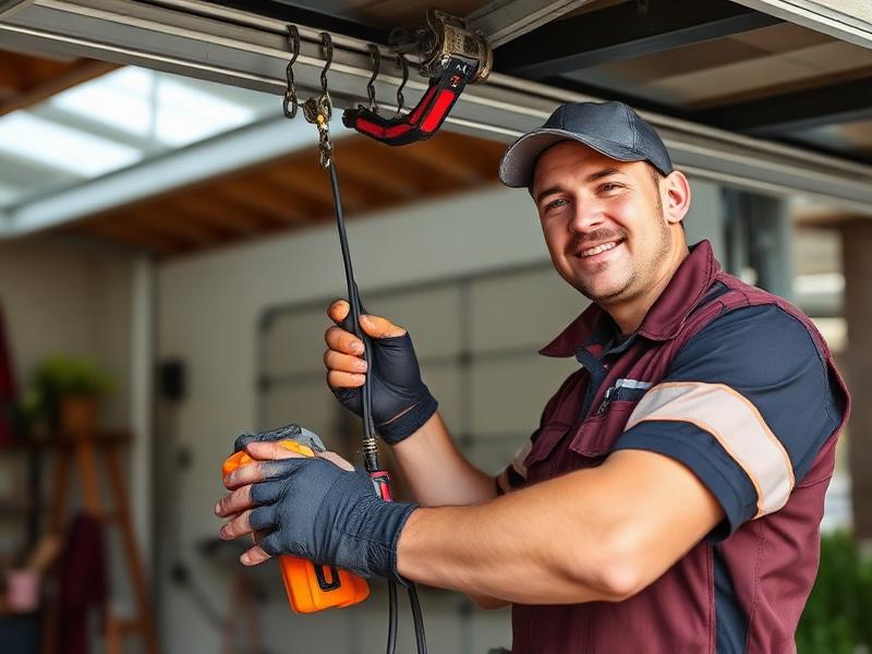 Certified technician performing garage door cable repair